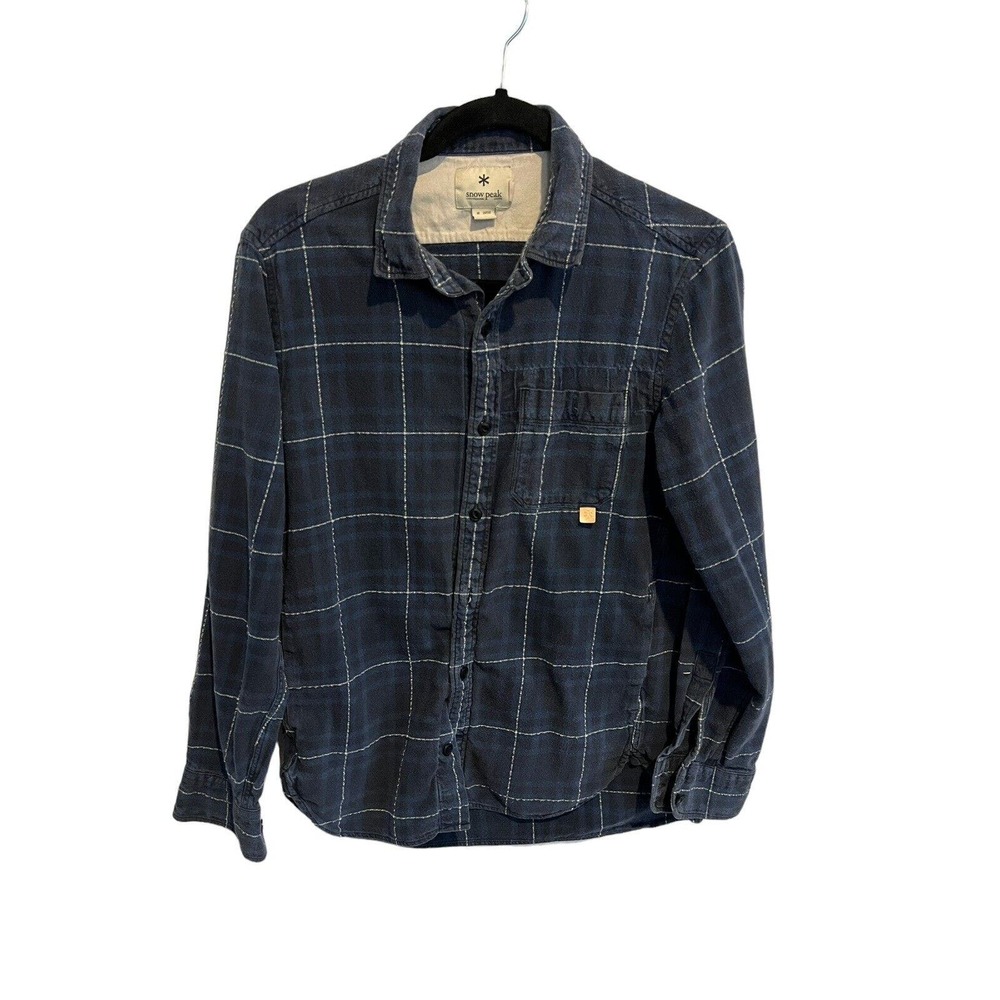 SNOW PEAK Mens Shirt Navy Blue Button Up Windowpane Check Pockets Sz S